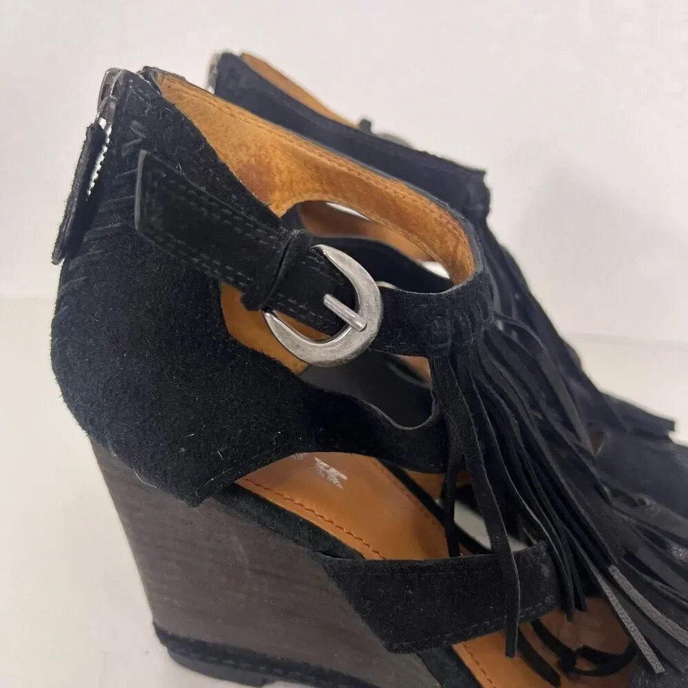 Trask‎ Black Leather Suede Fringe High Heel Wedges